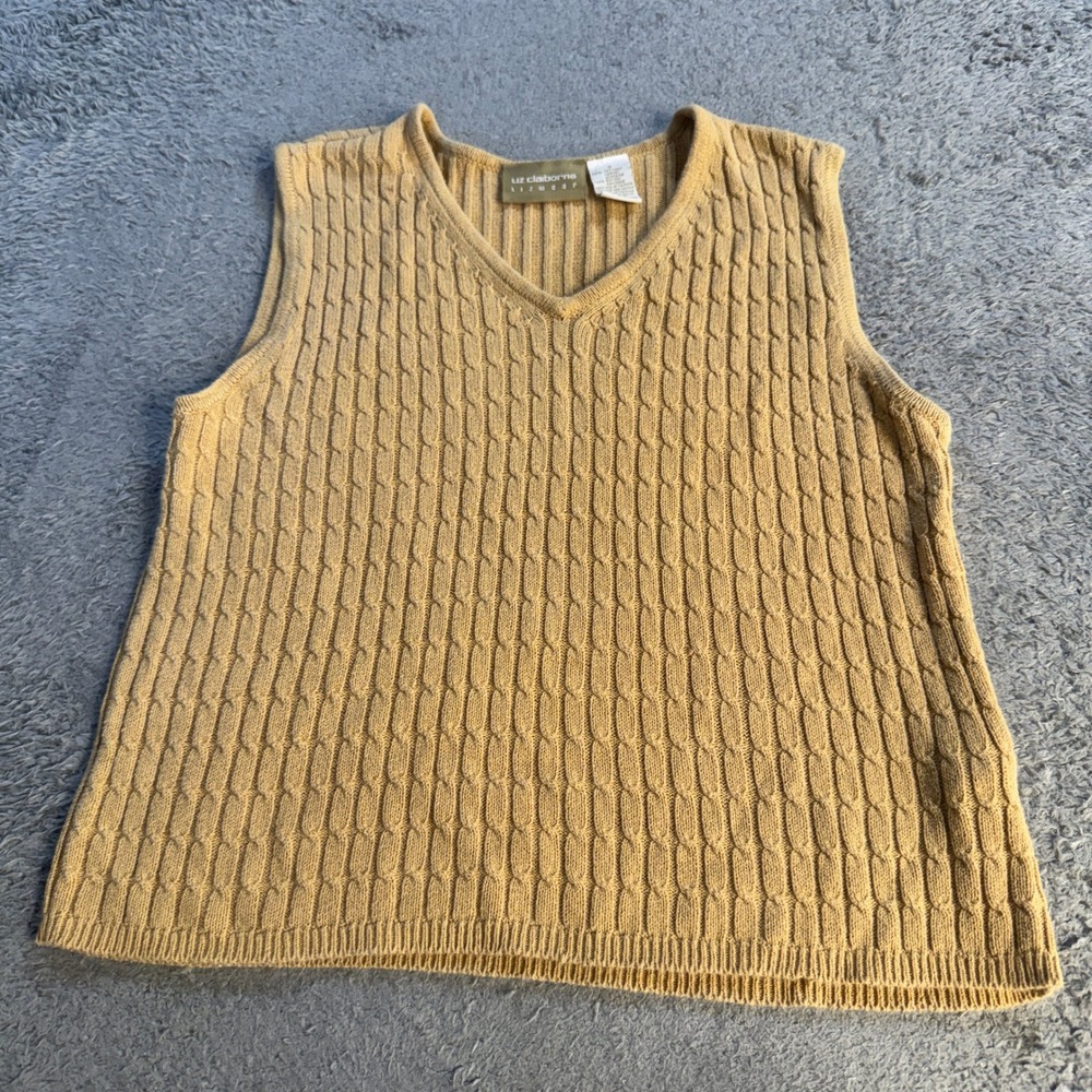 Liz Claiborne Womens Lizwear Cable Knit Sweater Vest S Yellow Tan V Neck Cotton